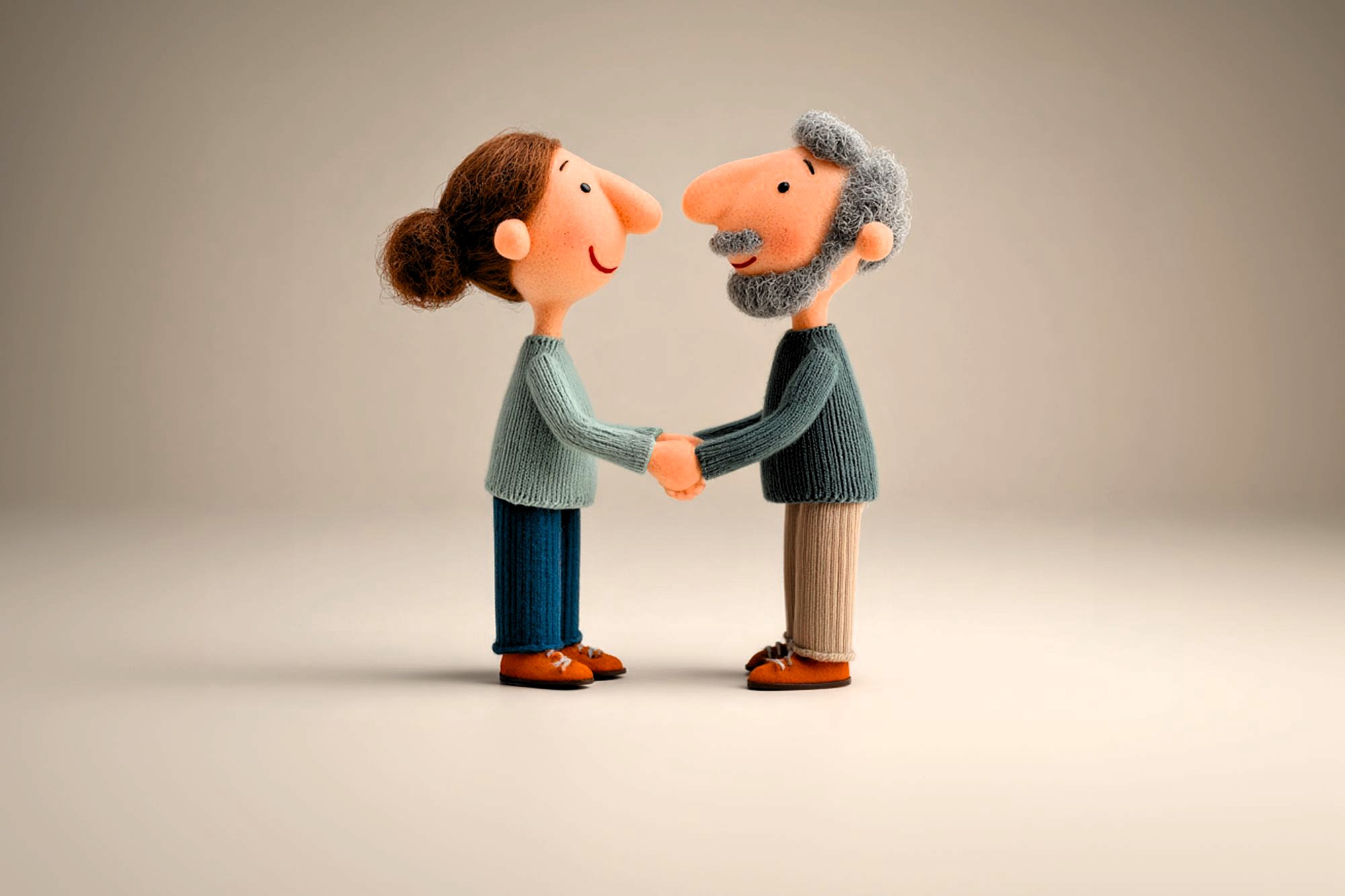 Two clay figures, a woman with brown hair in a bun and a man with gray hair and beard, stand facing each other, smiling and holding hands, on a plain, neutral background.