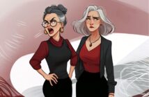 Two older women with gray hair stand together; one is yelling with her hands on her hips, wearing glasses and gold earrings, while the other looks displeased, with her arms at her sides. Both wear red tops and black skirts.