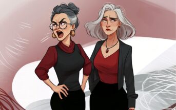 Two older women with gray hair stand together; one is yelling with her hands on her hips, wearing glasses and gold earrings, while the other looks displeased, with her arms at her sides. Both wear red tops and black skirts.