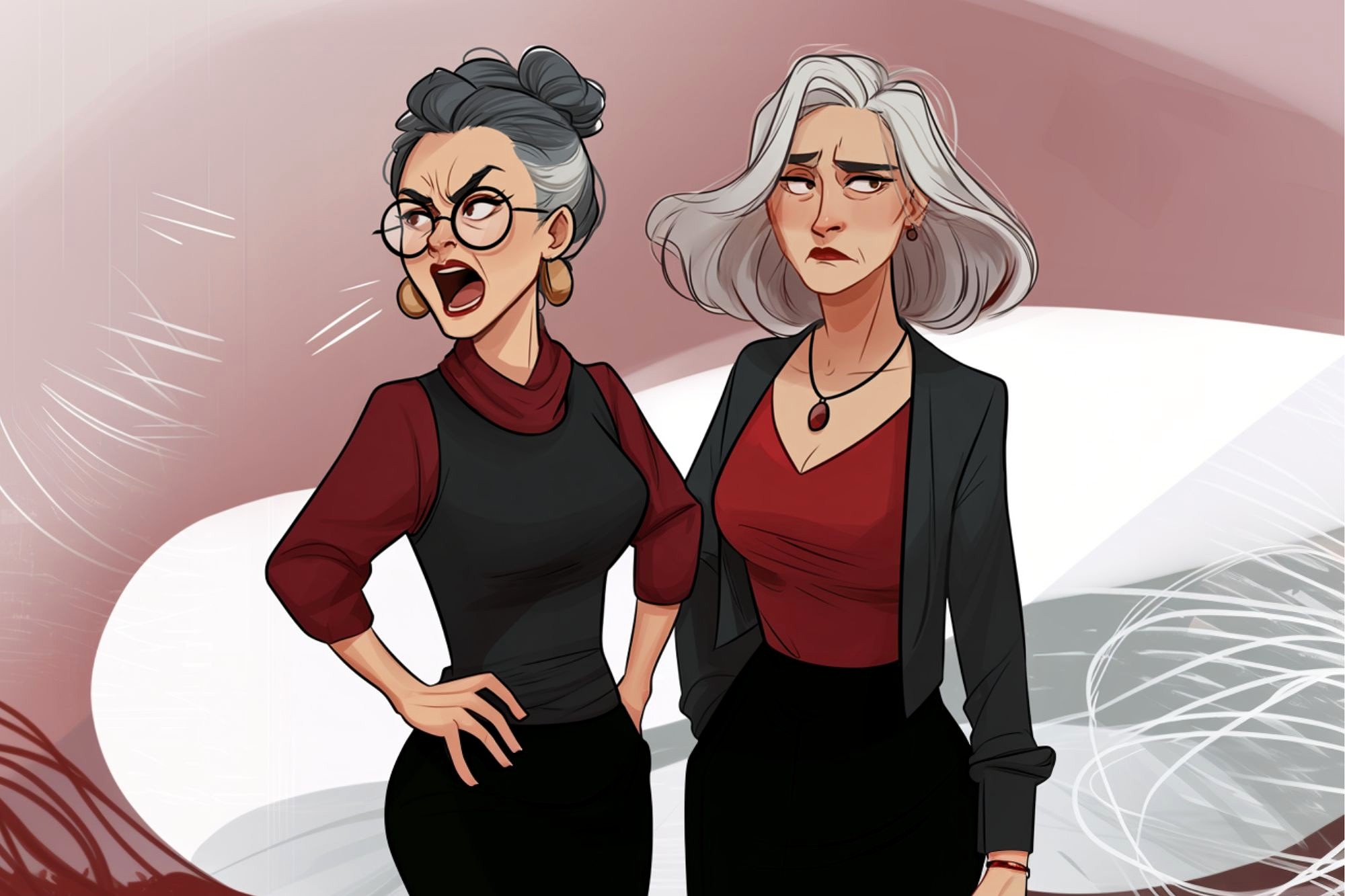 Two older women with gray hair stand together; one is yelling with her hands on her hips, wearing glasses and gold earrings, while the other looks displeased, with her arms at her sides. Both wear red tops and black skirts.