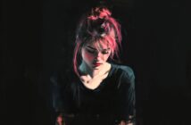 A digital painting of a young woman with pink hair styled in a messy bun, wearing a black shirt, looking down with a somber expression against a dark background.