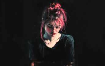 A digital painting of a young woman with pink hair styled in a messy bun, wearing a black shirt, looking down with a somber expression against a dark background.
