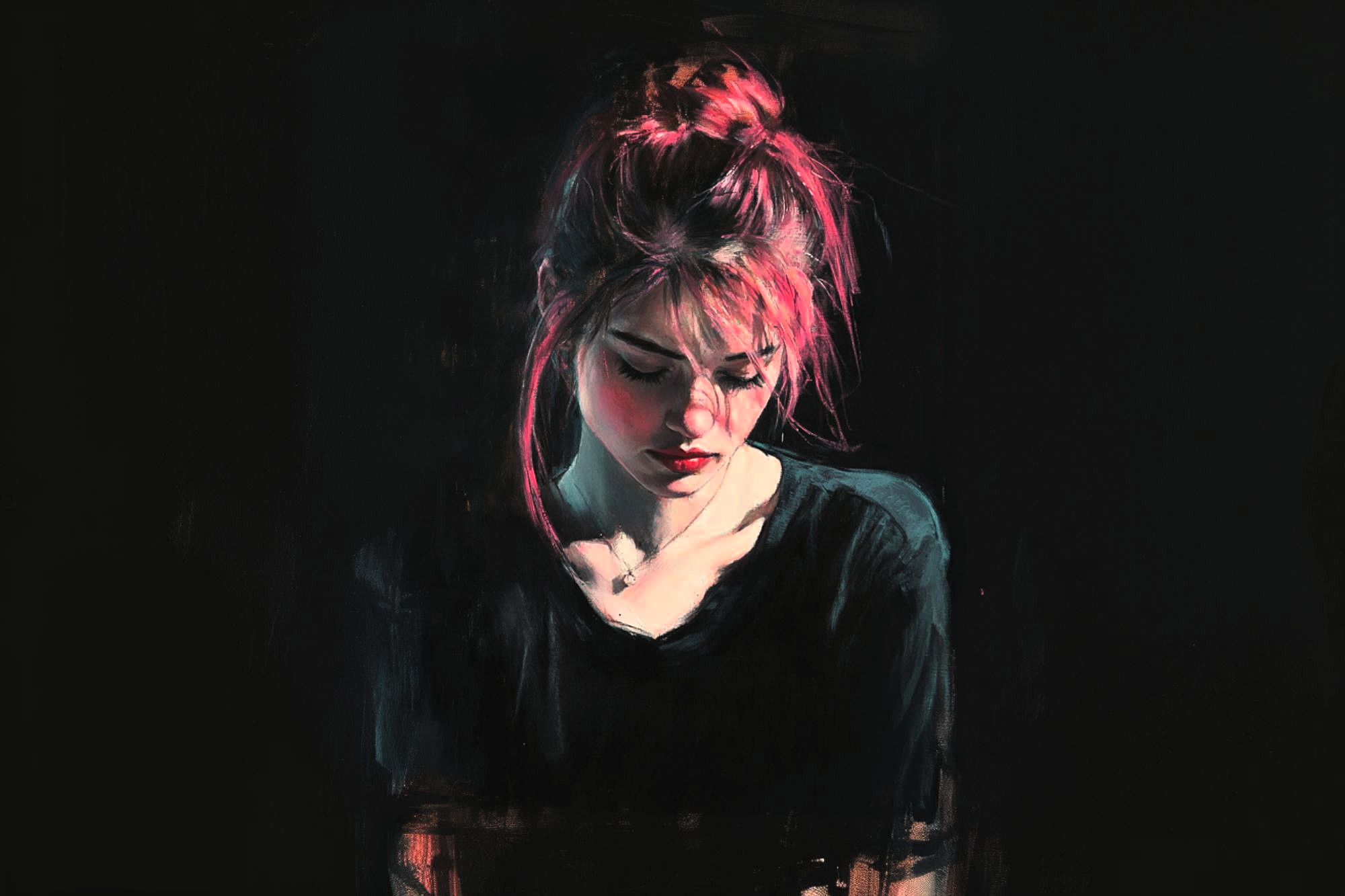 A digital painting of a young woman with pink hair styled in a messy bun, wearing a black shirt, looking down with a somber expression against a dark background.