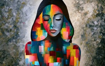 An oil painting of a woman with closed eyes, her face and shoulders covered in vibrant, multicolored geometric blocks against a gray textured background.