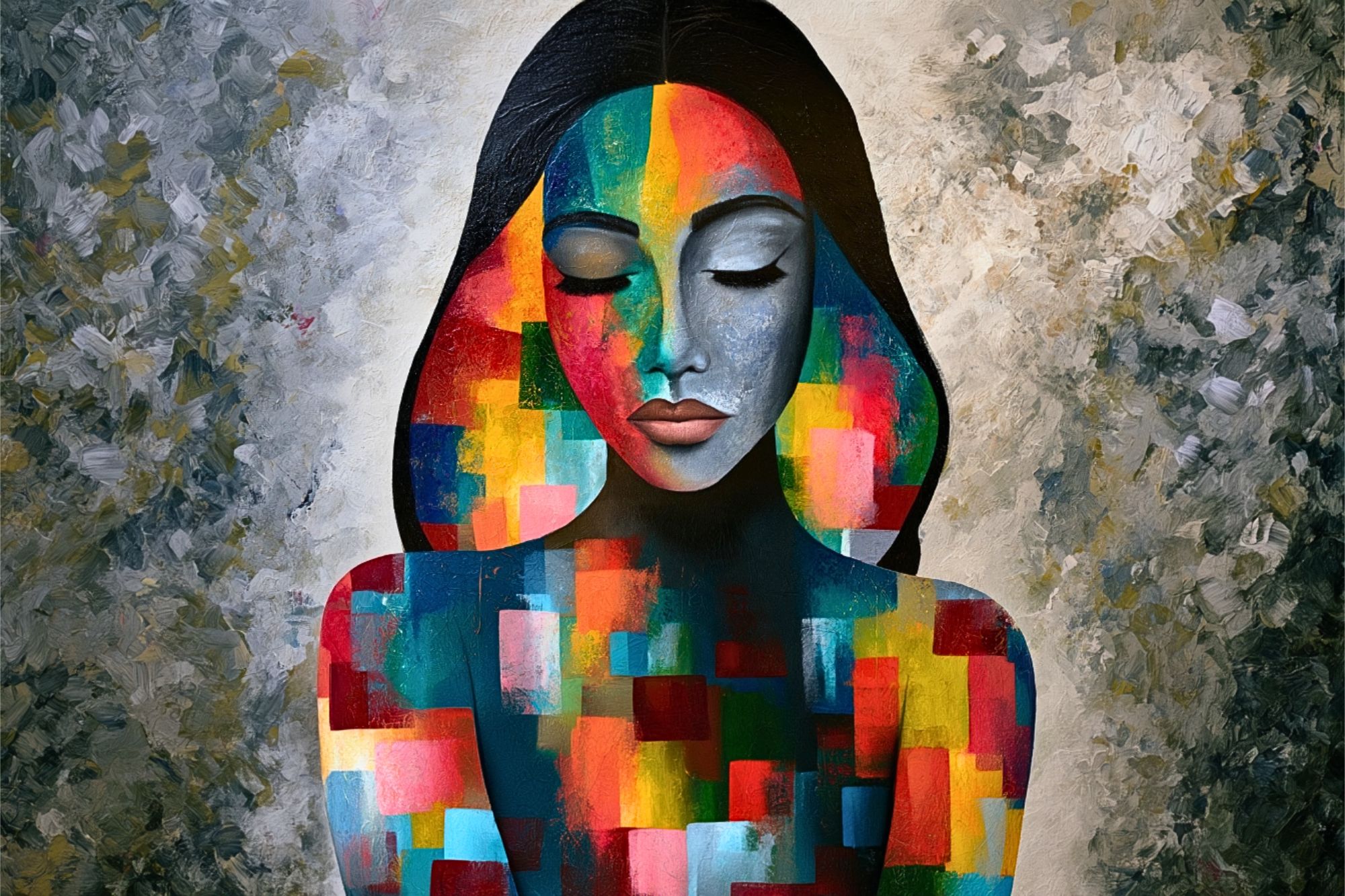 An oil painting of a woman with closed eyes, her face and shoulders covered in vibrant, multicolored geometric blocks against a gray textured background.