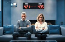 A man and woman sit on a couch with their arms crossed, looking upset. Behind them on the wall is an electronic scoreboard labeled "HIM" and "HER" displaying scores of 421 and 435, respectively. The setting is modern and minimalistic.