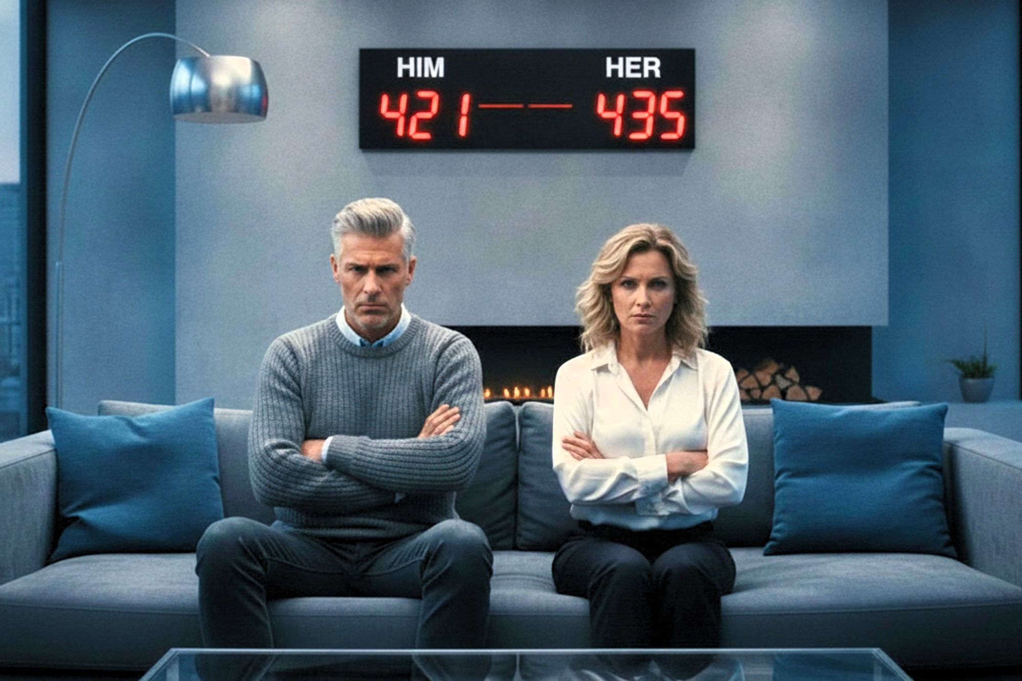 A man and woman sit on a couch with their arms crossed, looking upset. Behind them on the wall is an electronic scoreboard labeled "HIM" and "HER" displaying scores of 421 and 435, respectively. The setting is modern and minimalistic.