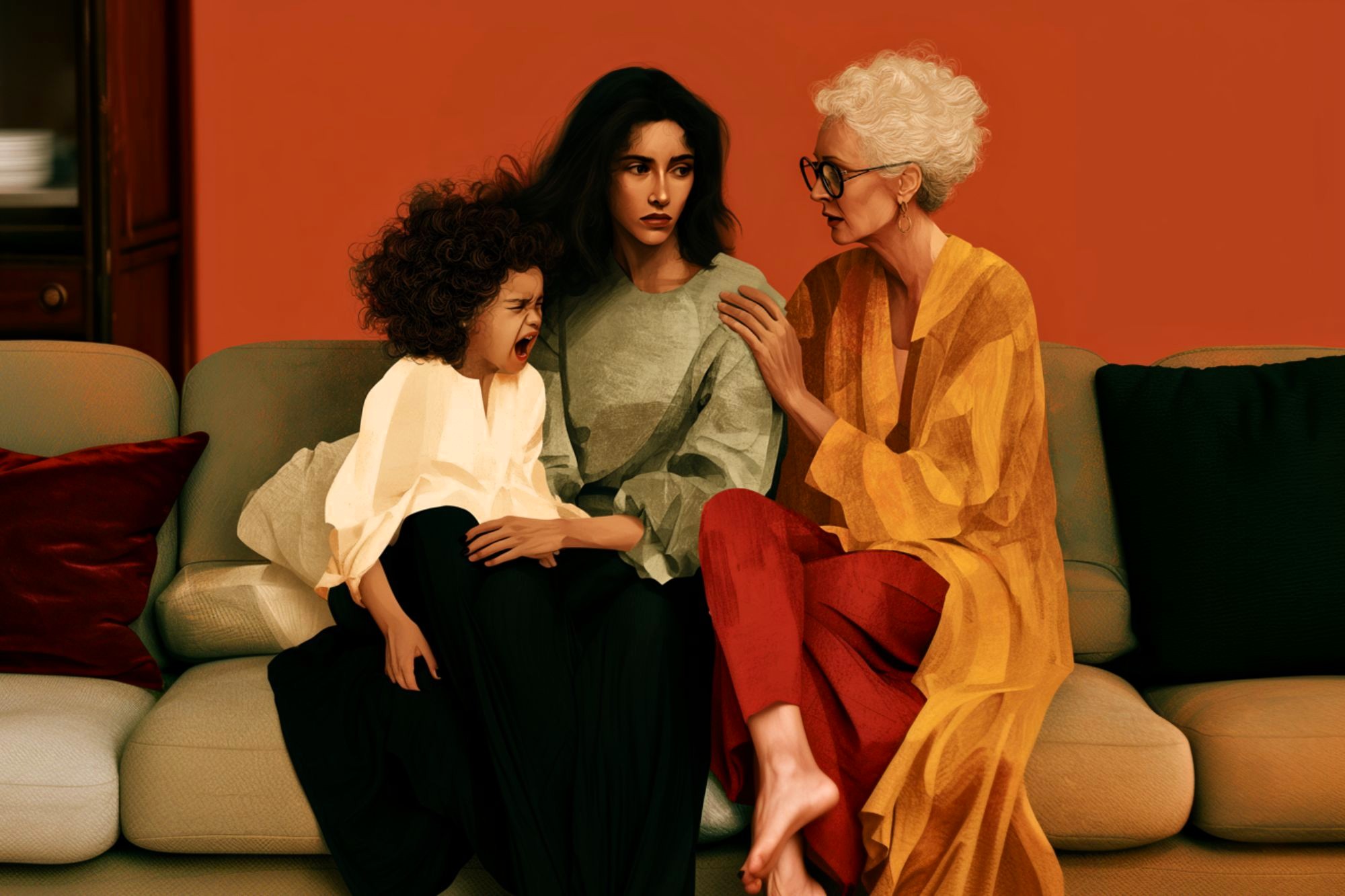 Three generations of women sit on a couch: a young girl is crying, a middle-aged woman looks somber, and an elderly woman in glasses gently comforts them, against a warm orange background.