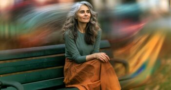 A woman with long gray hair sits on a park bench, wearing a green top and orange skirt. She looks peaceful, with blurred colorful lights swirling in the background, creating a dreamy atmosphere.