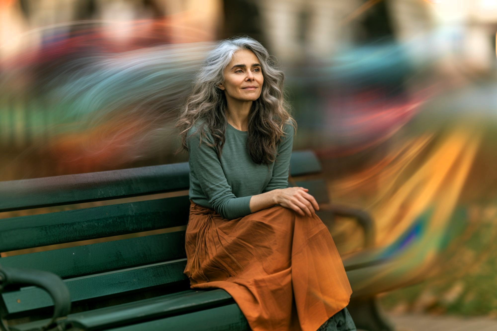 A woman with long gray hair sits on a park bench, wearing a green top and orange skirt. She looks peaceful, with blurred colorful lights swirling in the background, creating a dreamy atmosphere.