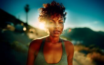 A woman with curly hair stands outdoors in the sunlight, wearing a tank top. The background is blurred, showing a mountainous landscape and a bright, glowing sun behind her.