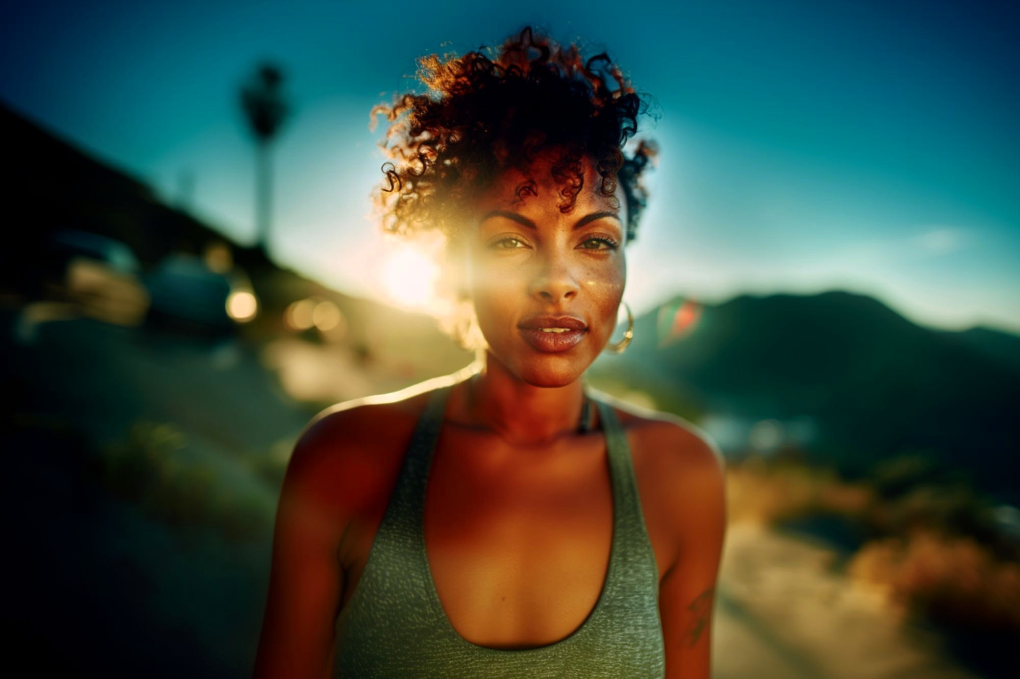 A woman with curly hair stands outdoors in the sunlight, wearing a tank top. The background is blurred, showing a mountainous landscape and a bright, glowing sun behind her.