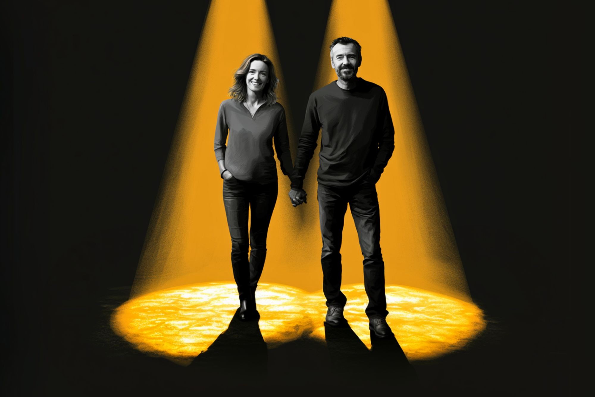 A smiling woman and man holding hands stand together under two bright yellow spotlights, surrounded by darkness.