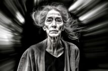An older woman with flowing gray hair and a serious expression stands against a dark background with dramatic motion blur radiating outward.