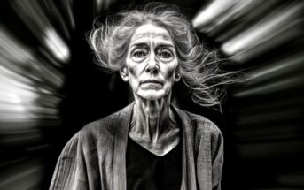 An older woman with flowing gray hair and a serious expression stands against a dark background with dramatic motion blur radiating outward.