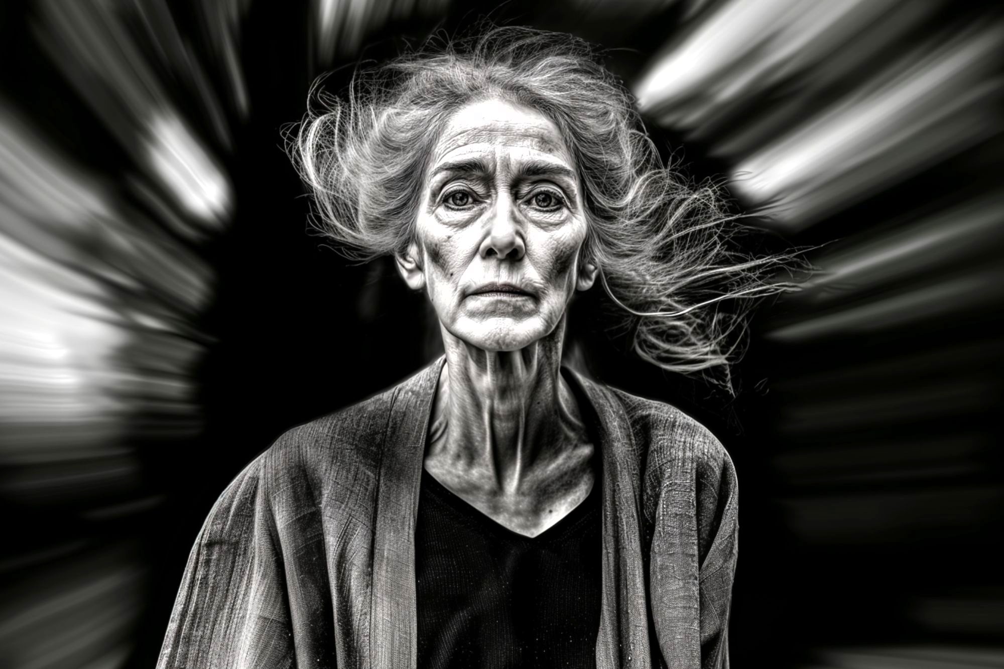 An older woman with flowing gray hair and a serious expression stands against a dark background with dramatic motion blur radiating outward.