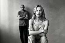 A serious woman sits in the foreground with arms crossed, looking at the camera, while a man stands in the blurred background with his arms folded, both appearing tense in a black and white setting.