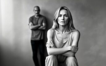 A serious woman sits in the foreground with arms crossed, looking at the camera, while a man stands in the blurred background with his arms folded, both appearing tense in a black and white setting.