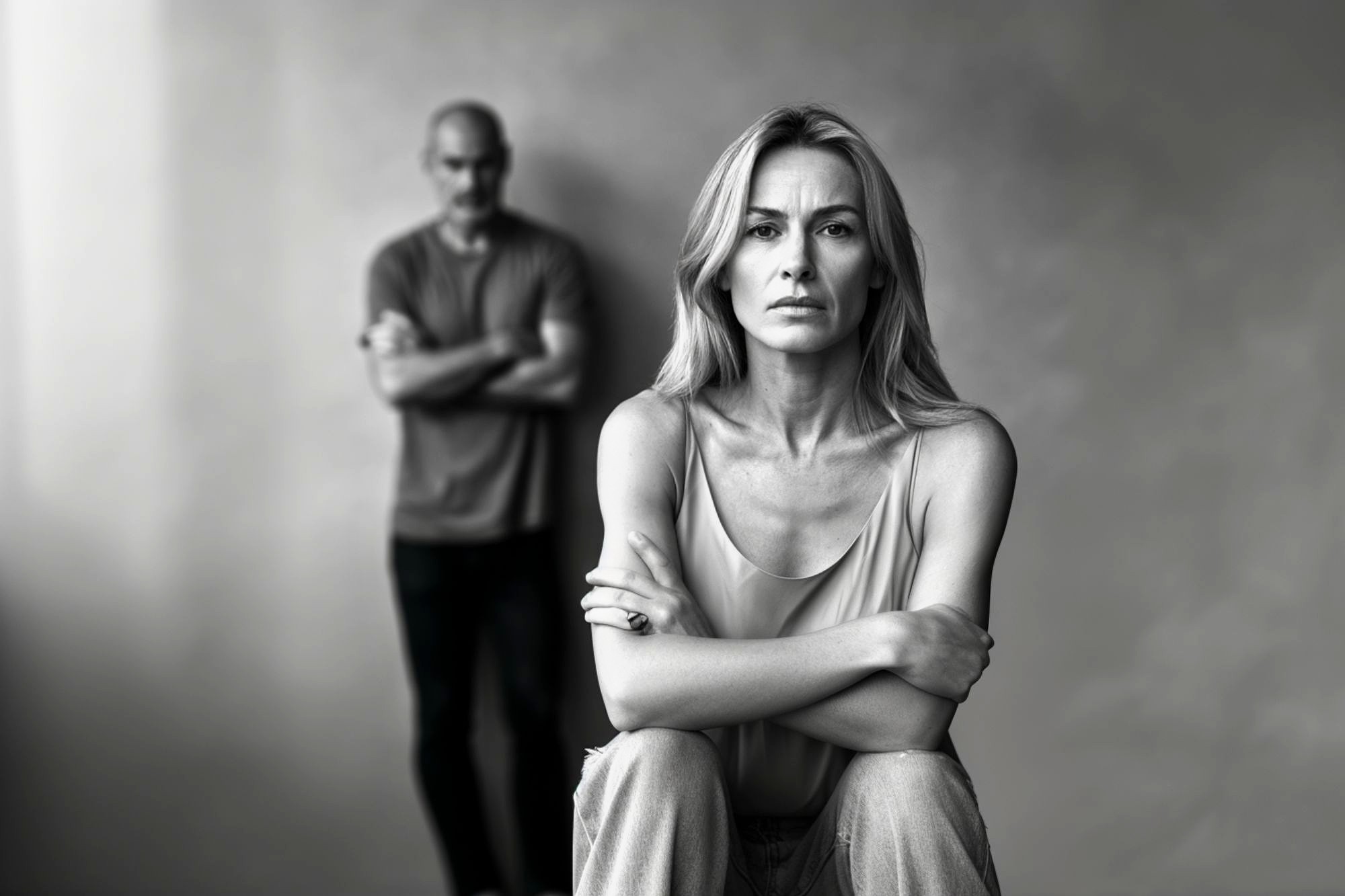 A serious woman sits in the foreground with arms crossed, looking at the camera, while a man stands in the blurred background with his arms folded, both appearing tense in a black and white setting.