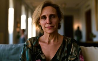 A middle-aged woman with short blonde hair sits indoors on a couch, wearing a floral blouse and looking directly at the camera with a calm, neutral expression. The background is softly blurred.