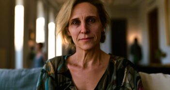 A middle-aged woman with short blonde hair sits indoors on a couch, wearing a floral blouse and looking directly at the camera with a calm, neutral expression. The background is softly blurred.