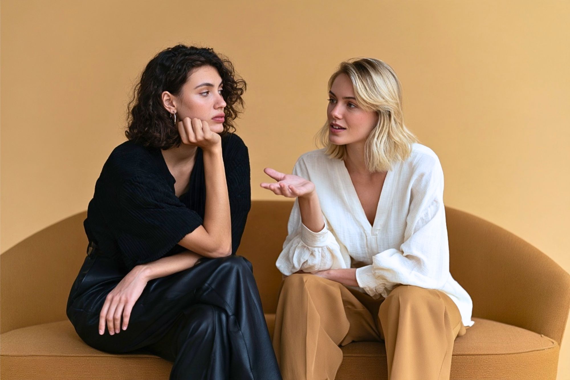 Two women sit on a tan couch against a light brown background. One woman gestures while speaking, and the other listens with her chin resting on her hand. Both have serious expressions and casual, stylish clothing.
