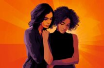 Two women stand close together, one comforting the other with a gentle hand on her shoulder, against an orange background with radiating lines. Both appear thoughtful and supportive.