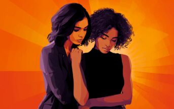 Two women stand close together, one comforting the other with a gentle hand on her shoulder, against an orange background with radiating lines. Both appear thoughtful and supportive.
