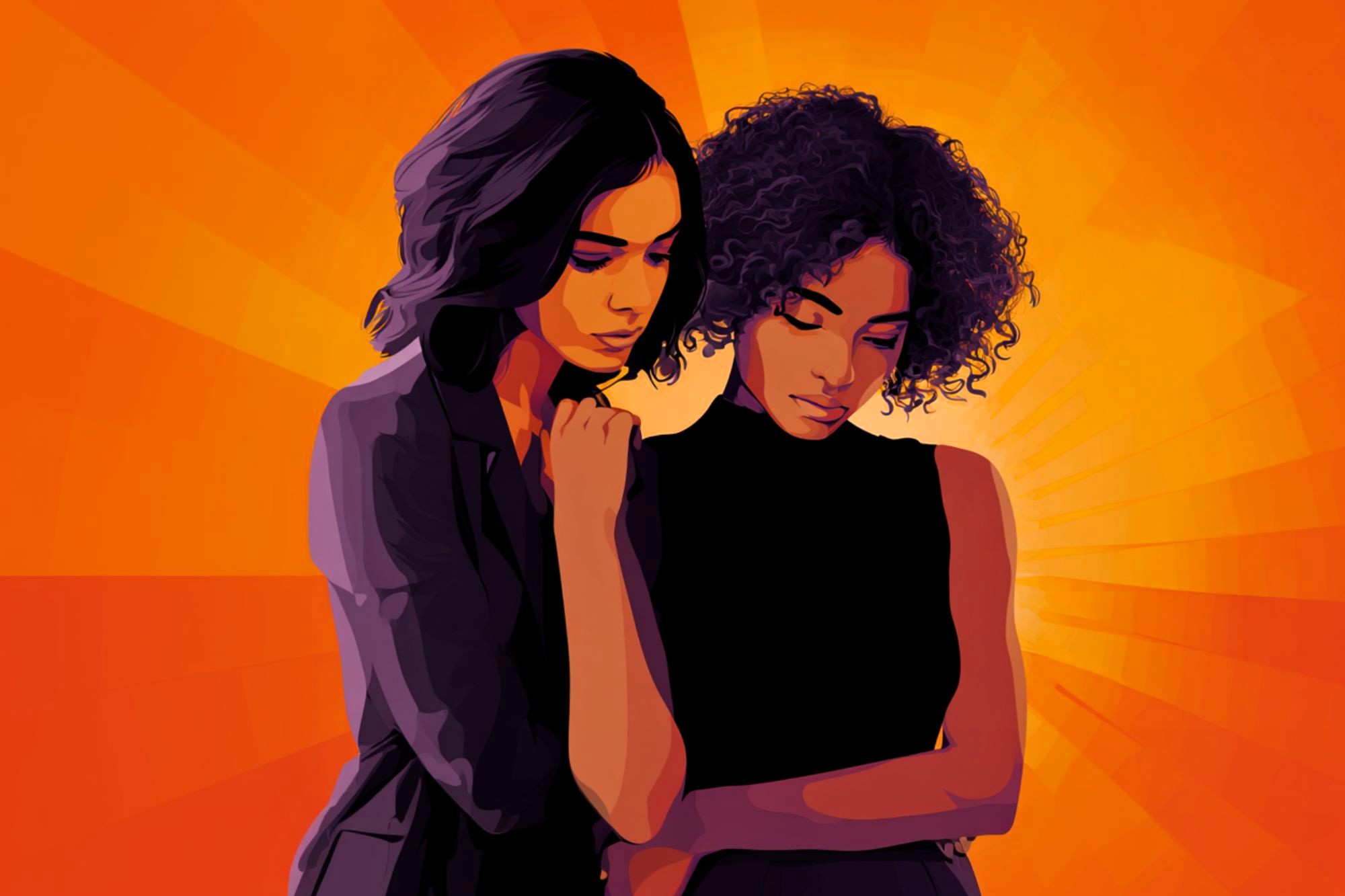 Two women stand close together, one comforting the other with a gentle hand on her shoulder, against an orange background with radiating lines. Both appear thoughtful and supportive.