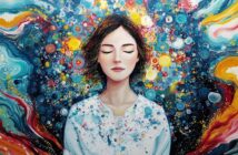 A woman with closed eyes is surrounded by swirling, colorful abstract patterns, creating a dreamy, imaginative atmosphere. Her serene expression contrasts with the vibrant, energetic background.