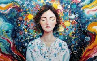 A woman with closed eyes is surrounded by swirling, colorful abstract patterns, creating a dreamy, imaginative atmosphere. Her serene expression contrasts with the vibrant, energetic background.