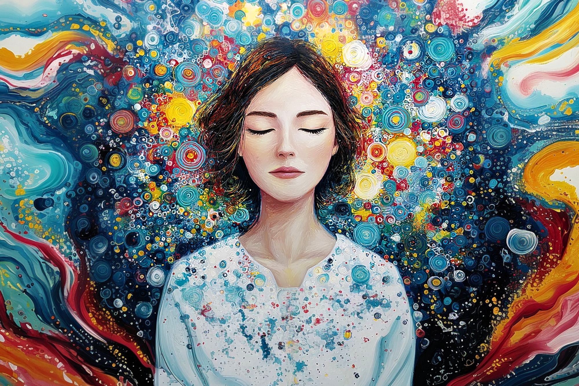 A woman with closed eyes is surrounded by swirling, colorful abstract patterns, creating a dreamy, imaginative atmosphere. Her serene expression contrasts with the vibrant, energetic background.