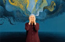 An older person holds their head with both hands, looking distressed, as swirling blue and yellow clouds emerge from their head against a dark blue background.