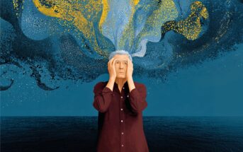 An older person holds their head with both hands, looking distressed, as swirling blue and yellow clouds emerge from their head against a dark blue background.
