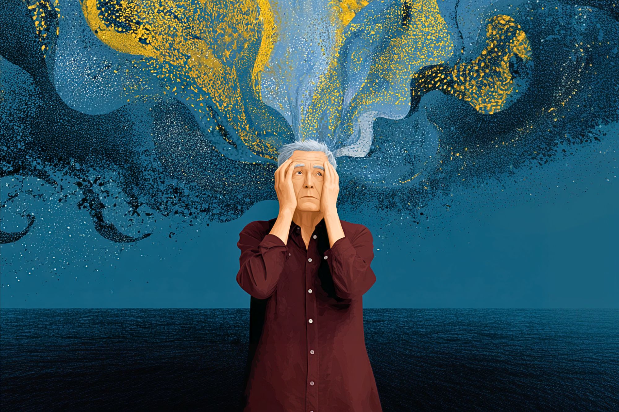 An older person holds their head with both hands, looking distressed, as swirling blue and yellow clouds emerge from their head against a dark blue background.