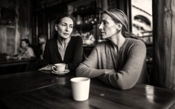 Two women sit at a café table with coffee cups, engaged in a serious conversation. The image is black and white, with a blurred background showing other patrons in the café.
