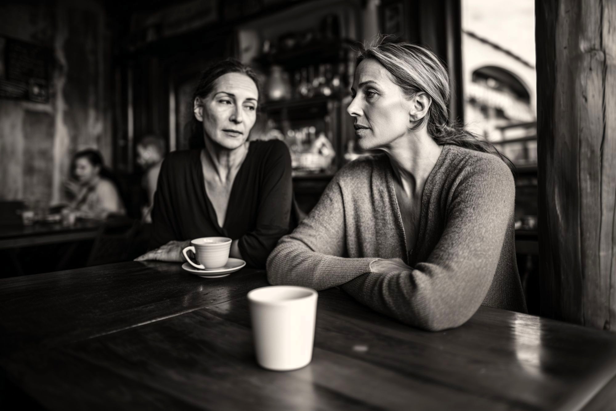 Two women sit at a café table with coffee cups, engaged in a serious conversation. The image is black and white, with a blurred background showing other patrons in the café.