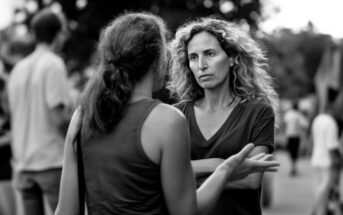 Two women stand outside, facing each other in conversation. One woman has curly hair and crosses her arms, looking serious, while the other gestures with her hand. There are blurred people in the background.