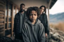 A sad child in a gray hoodie stands outside a wooden cabin, with two adults blurred in the background looking concerned. The atmosphere appears somber and tense.