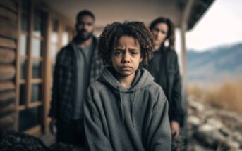 A sad child in a gray hoodie stands outside a wooden cabin, with two adults blurred in the background looking concerned. The atmosphere appears somber and tense.