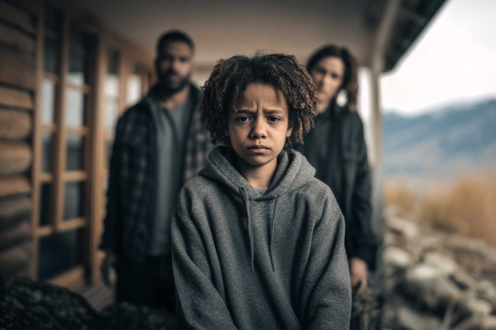 A sad child in a gray hoodie stands outside a wooden cabin, with two adults blurred in the background looking concerned. The atmosphere appears somber and tense.