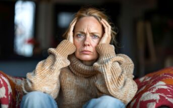 A woman in a tan sweater sits indoors, holding her head with both hands and looking forward with a serious, worried expression.