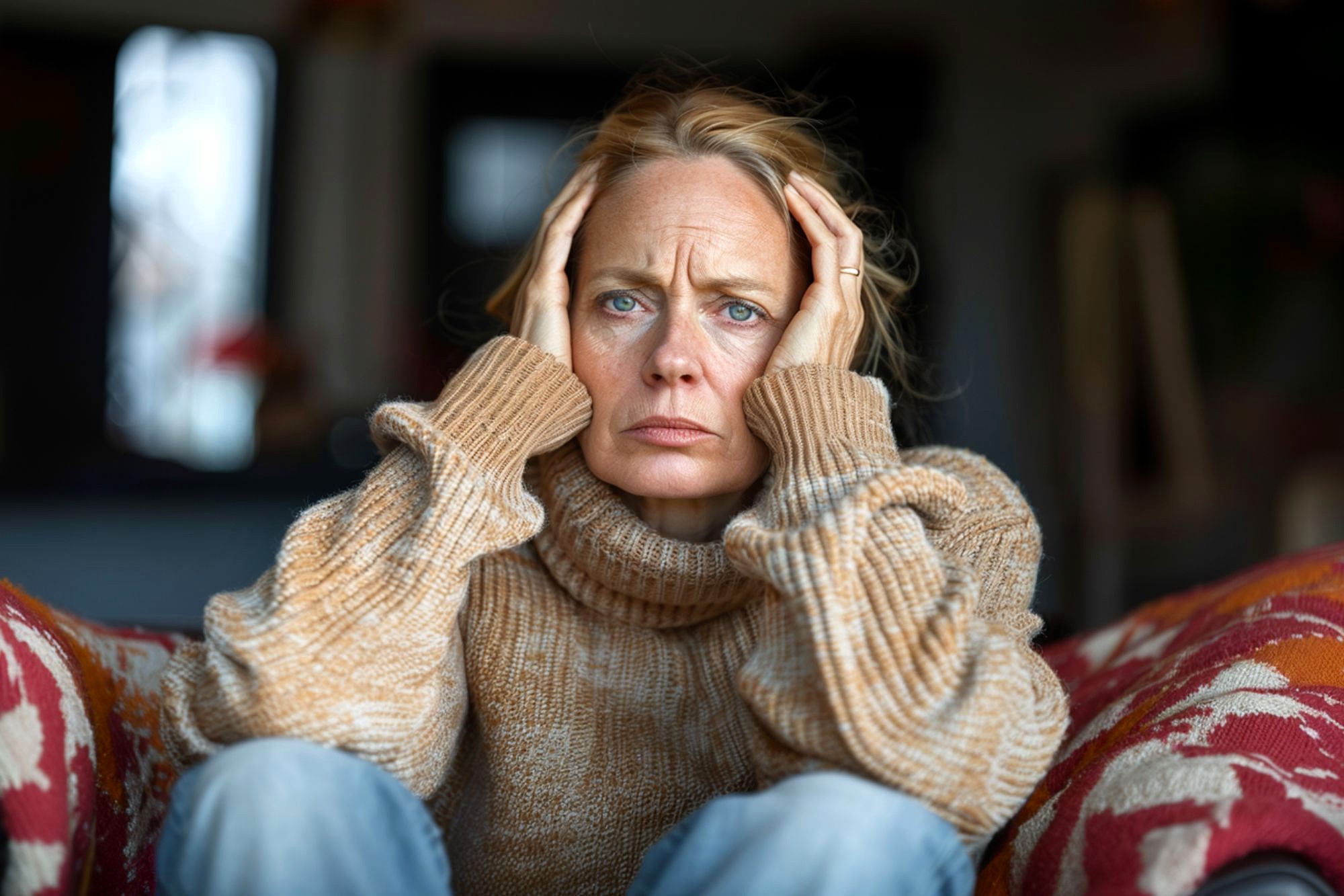 A woman in a tan sweater sits indoors, holding her head with both hands and looking forward with a serious, worried expression.