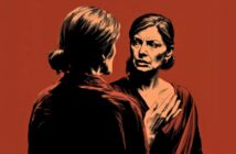 Two women face each other against a red background. One woman looks upset and gestures with her hand, while the other listens with her back to the viewer. The scene appears intense and emotional.