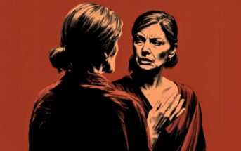 Two women face each other against a red background. One woman looks upset and gestures with her hand, while the other listens with her back to the viewer. The scene appears intense and emotional.