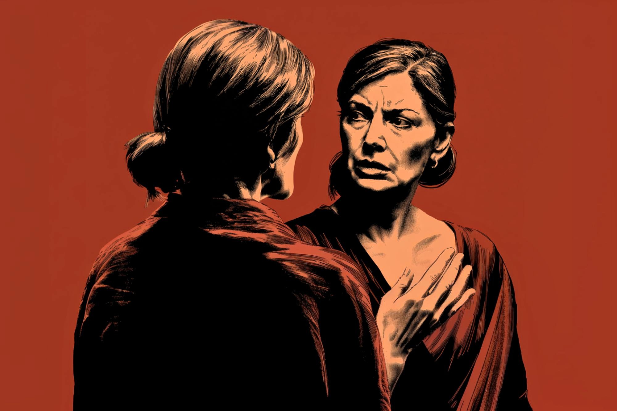 Two women face each other against a red background. One woman looks upset and gestures with her hand, while the other listens with her back to the viewer. The scene appears intense and emotional.