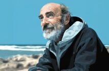 An older man with a beard and balding head, wearing a hooded jacket, sits by the beach gazing thoughtfully into the distance under a clear blue sky.