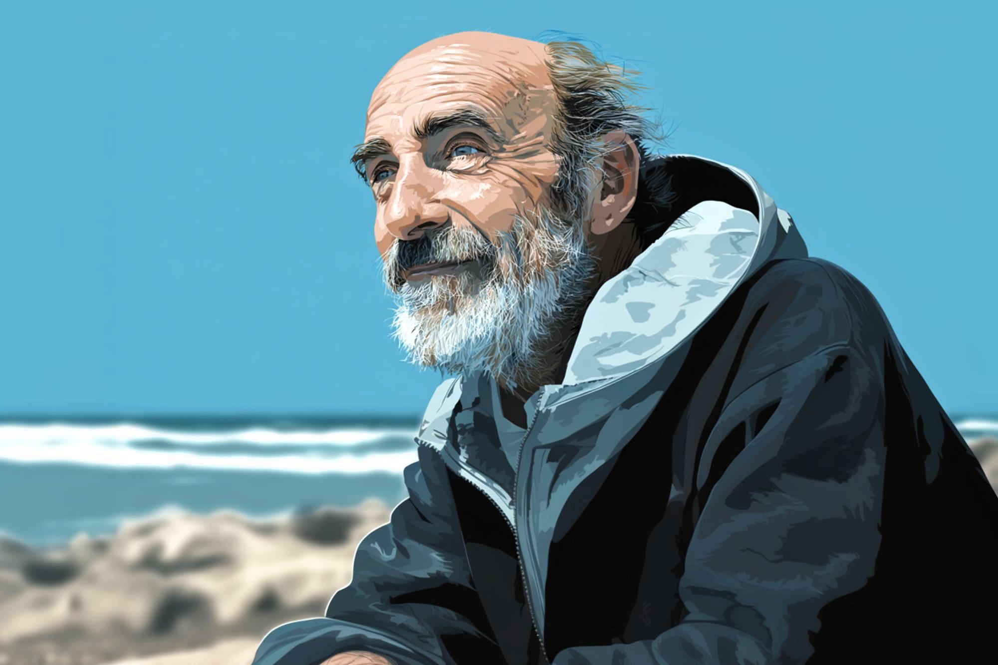 An older man with a beard and balding head, wearing a hooded jacket, sits by the beach gazing thoughtfully into the distance under a clear blue sky.