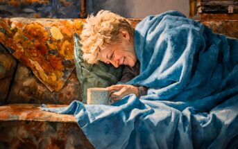 A smiling person wrapped in a blue blanket sits on a floral couch, holding a mug. Warm sunlight lights up their face, and a yellow-patterned pillow is nearby. The scene feels cozy and relaxed.
