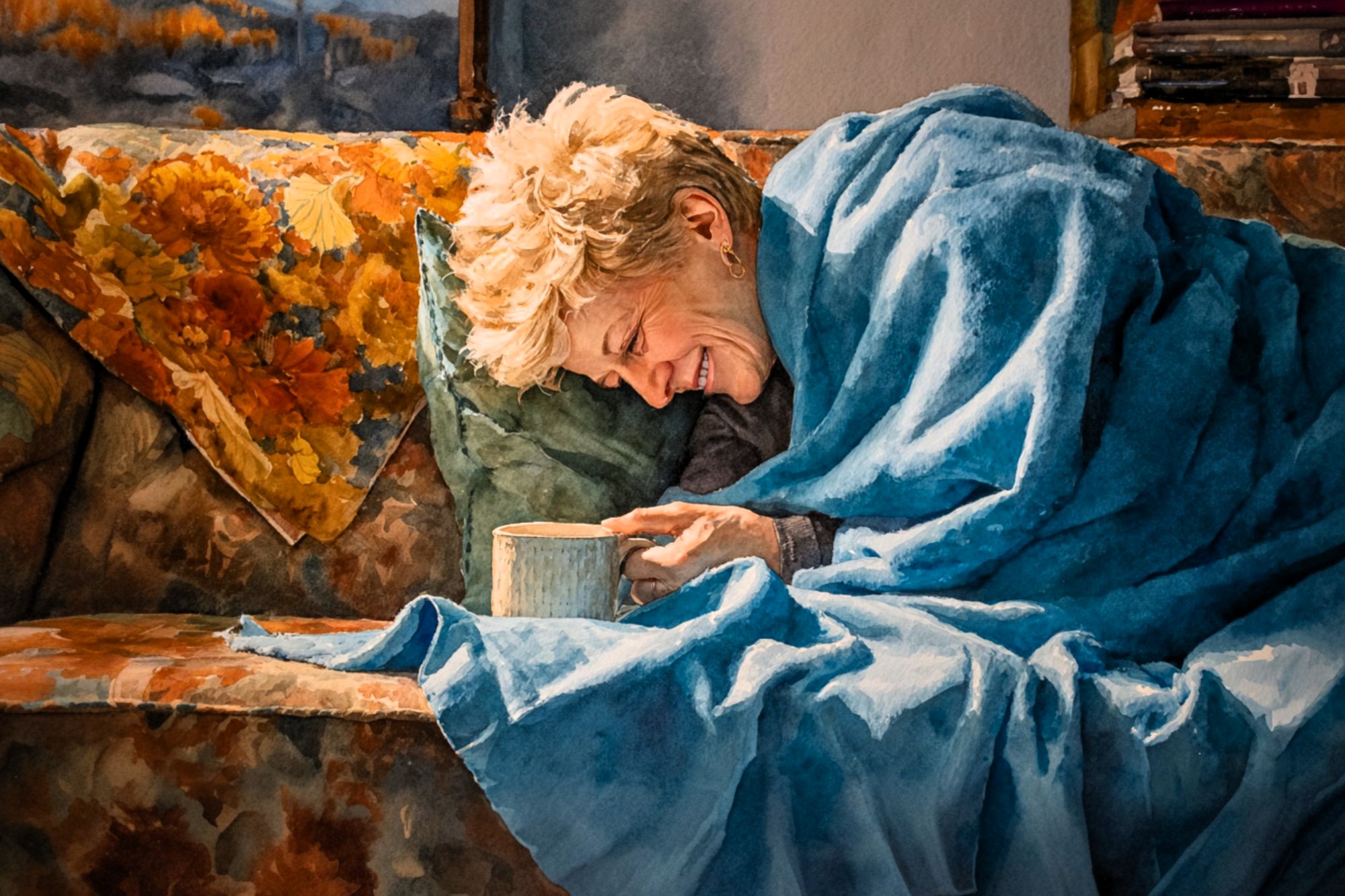 A smiling person wrapped in a blue blanket sits on a floral couch, holding a mug. Warm sunlight lights up their face, and a yellow-patterned pillow is nearby. The scene feels cozy and relaxed.